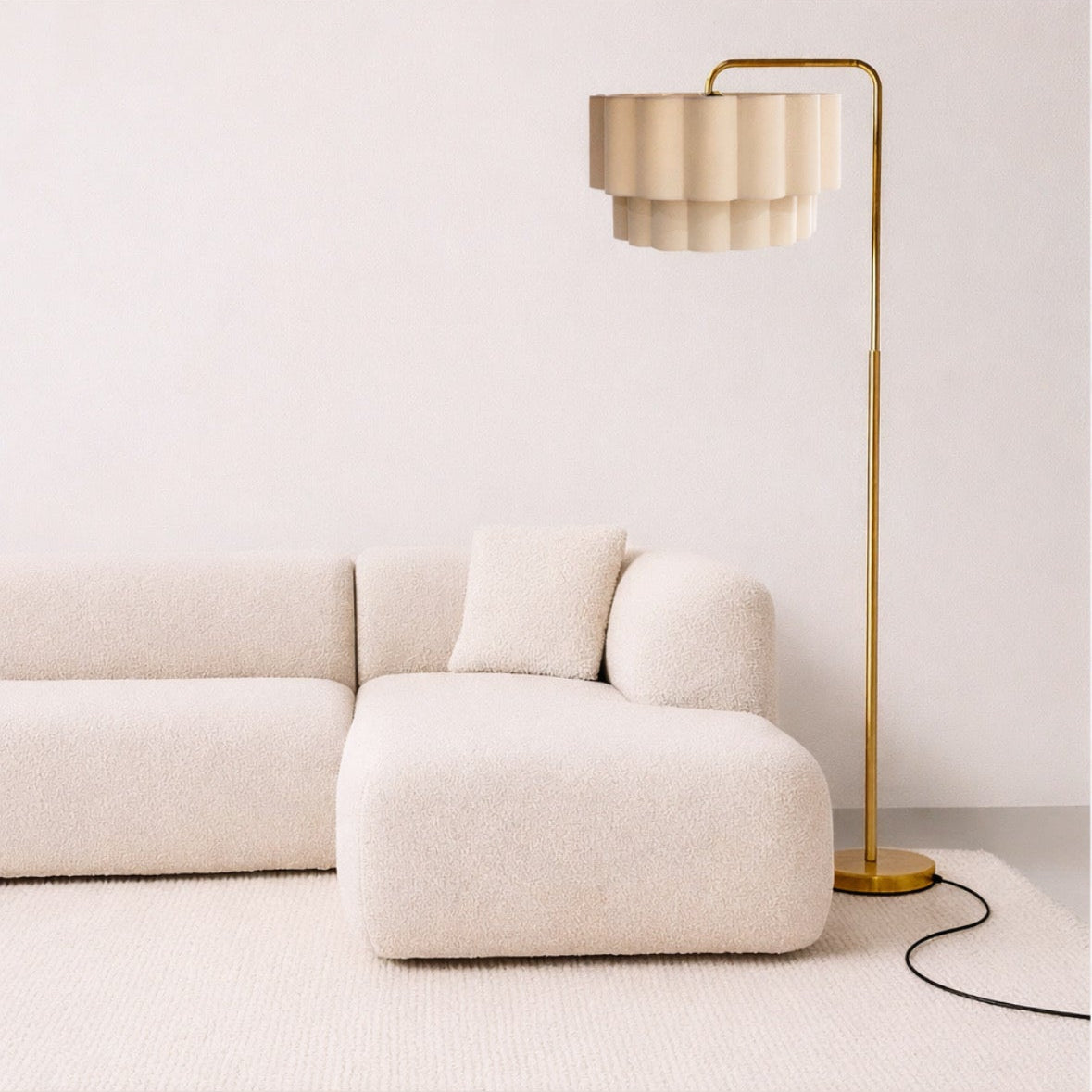 CGC Kyra Brushed Gold Angled Floor Lamp with Two Layer Large Scalloped Lampshade