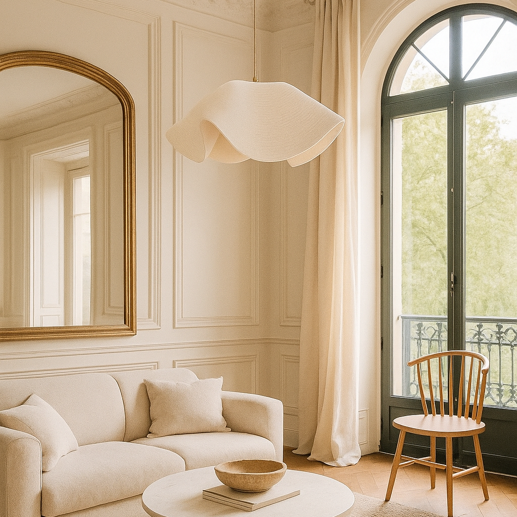 Modern living room with beige sofa, round coffee table, and wooden chair.