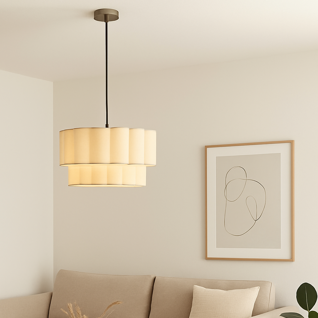 Modern living room with beige sofa, wooden coffee table, and pendant light.