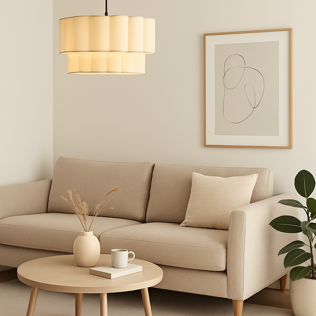 Modern living room with beige sofa, wooden coffee table, and pendant light.