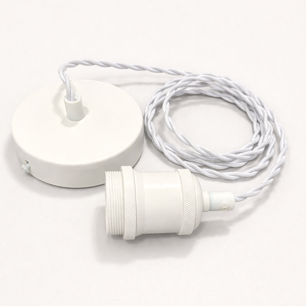 White lamp holder with coiled cable on a white background