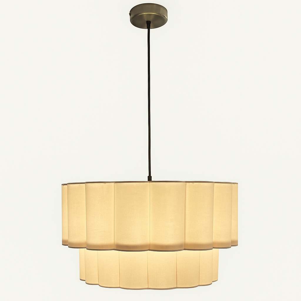 Pendant light with beige lampshade on a white background