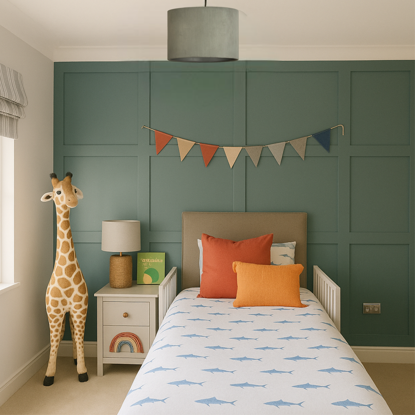 Children's bedroom with green paneled wall, bed with orange pillows, and stuffed giraffe.