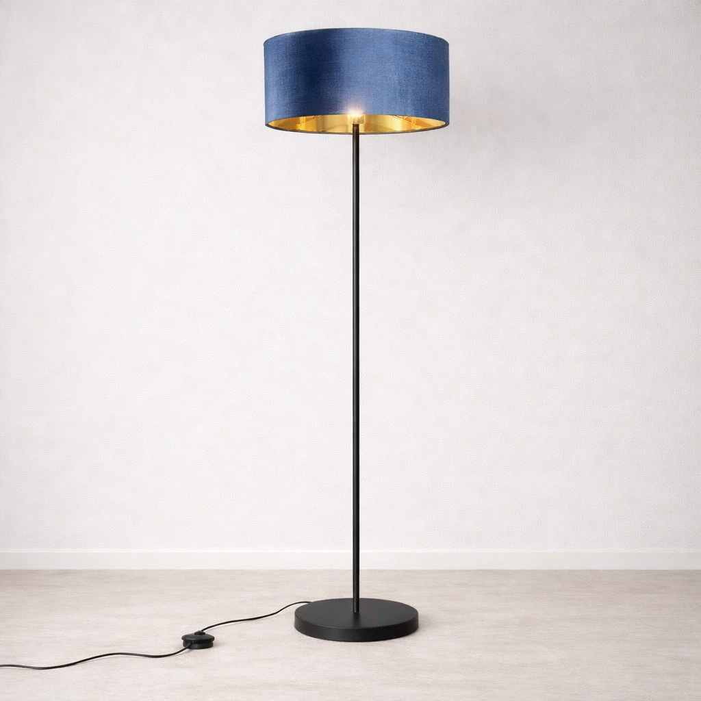 Floor lamp with a blue shade and black base on a white background