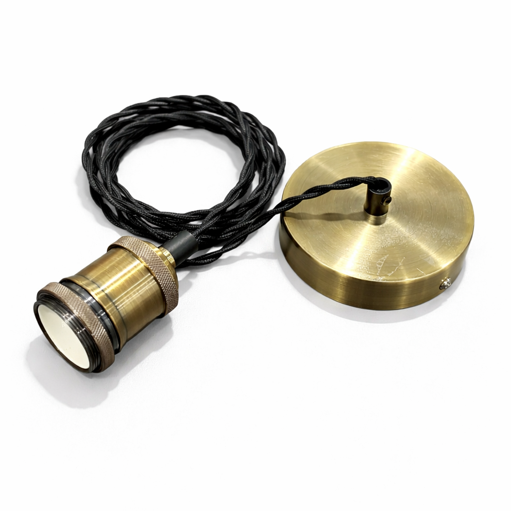 CGC Lacey Antique Brass with Black Twisted 1.5m Adjustable E27 Ceiling Cable Pendant and Matching Ceiling Rose