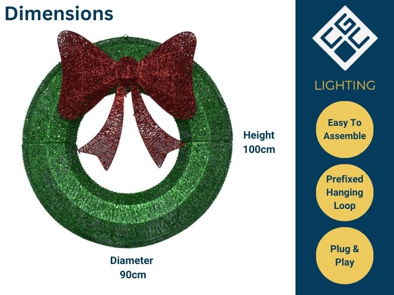 CGC Extra Large 90cm Luxury LED Glitter Green With Red Bow LED Christmas Wreath