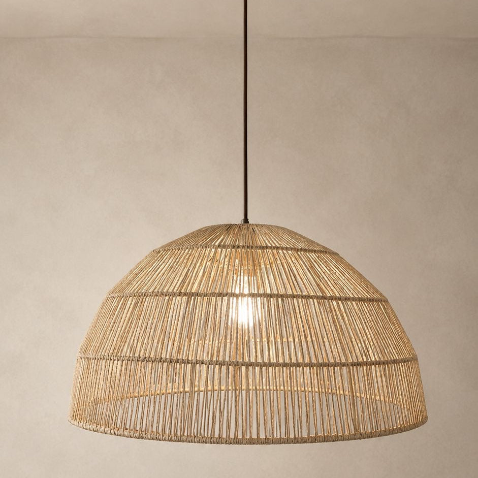 Woven pendant light fixture on a neutral background