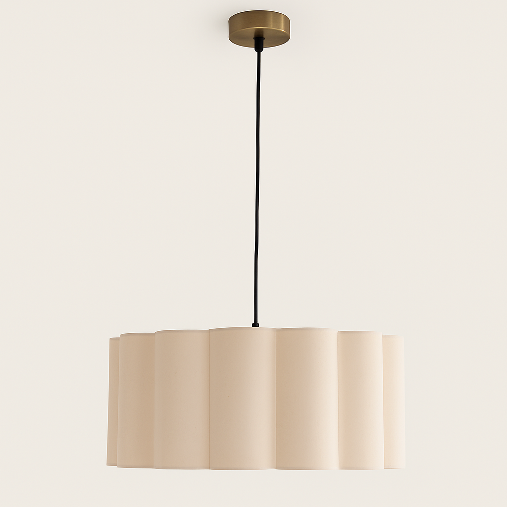 Beige pendant light with a black cord on a white background