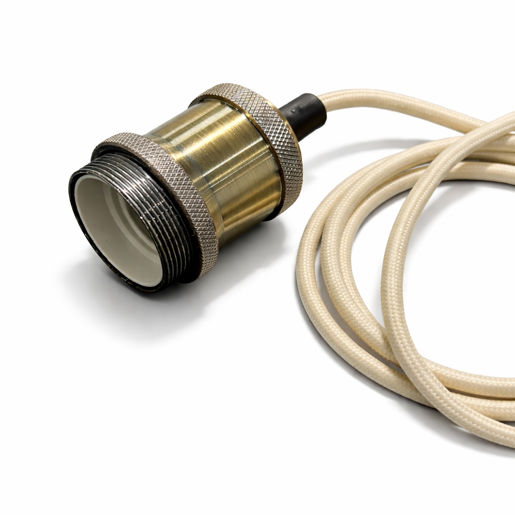 CGC CASSIE Antique Brass with Off White 1.5m Adjustable E27 Ceiling Cable Pendant and Matching Ceiling Rose