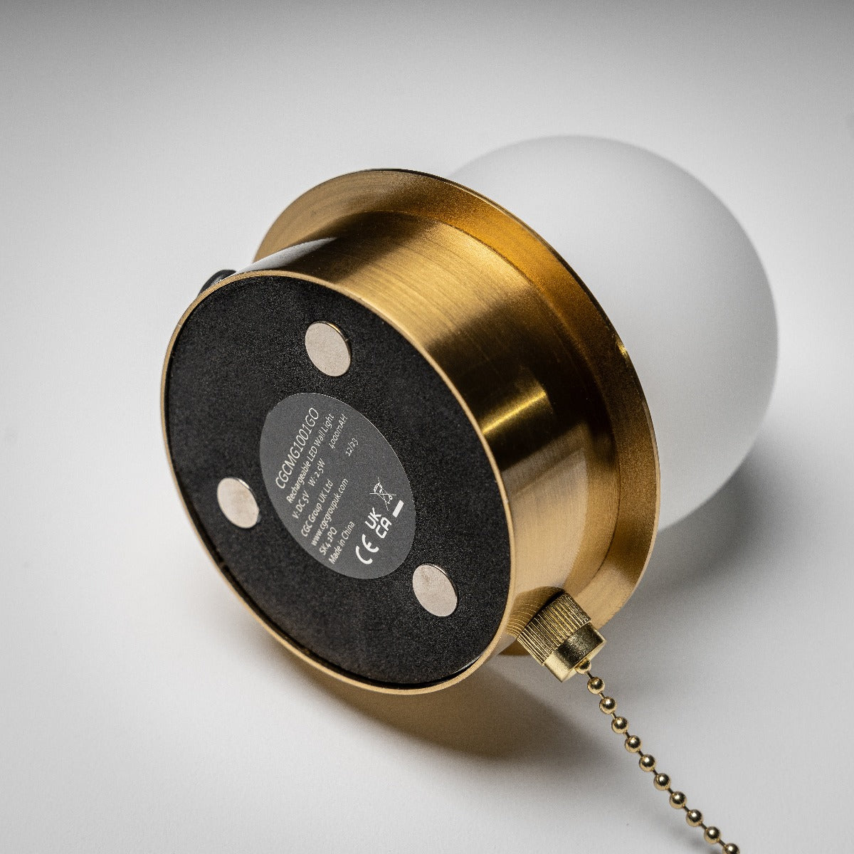 CGC MACIE Satin Gold & White Opal Globe LED Rechargeable Magnetic USB Reading Bedside Wall Light Pull Cord Switch