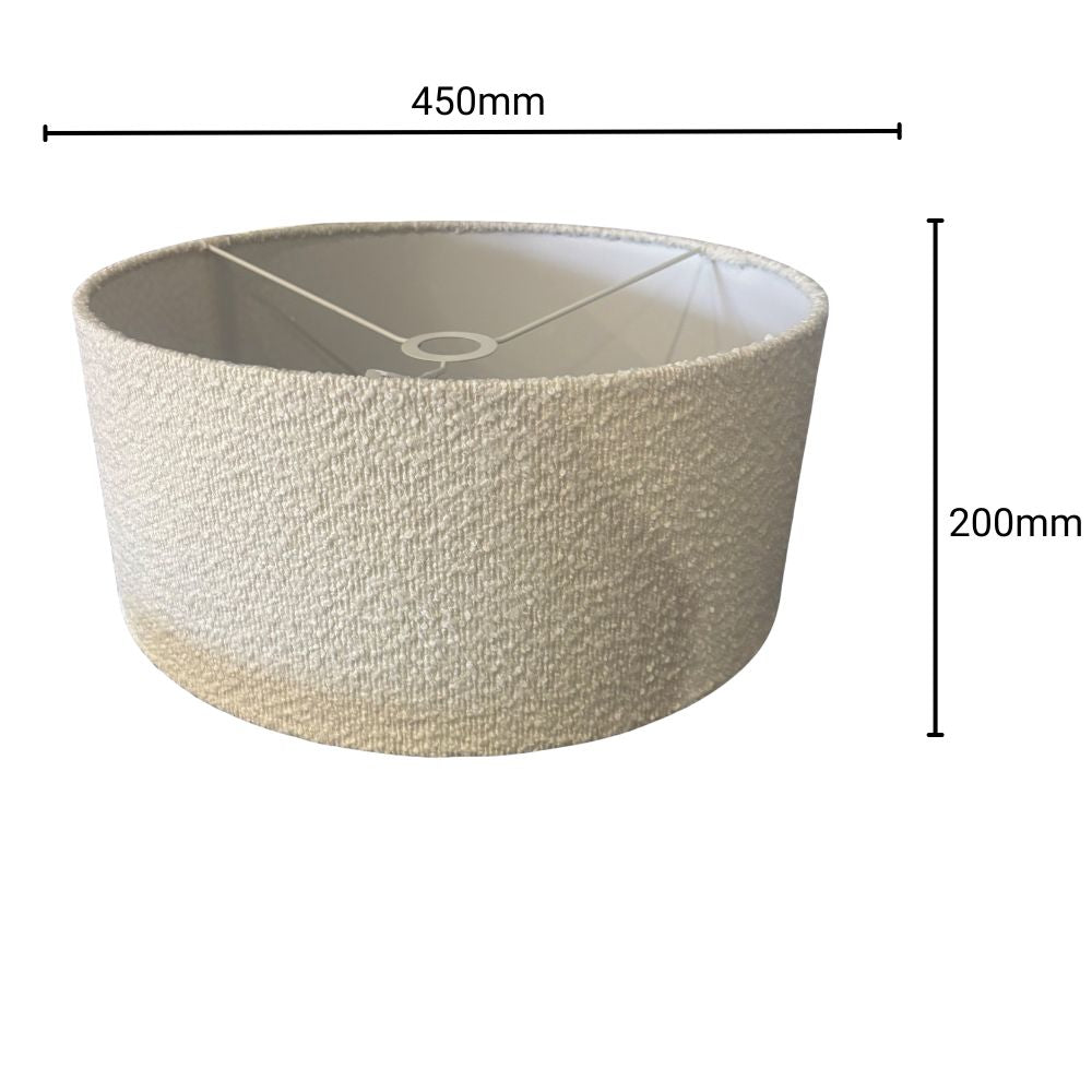 Beige textured lampshade with dimensions on a white background