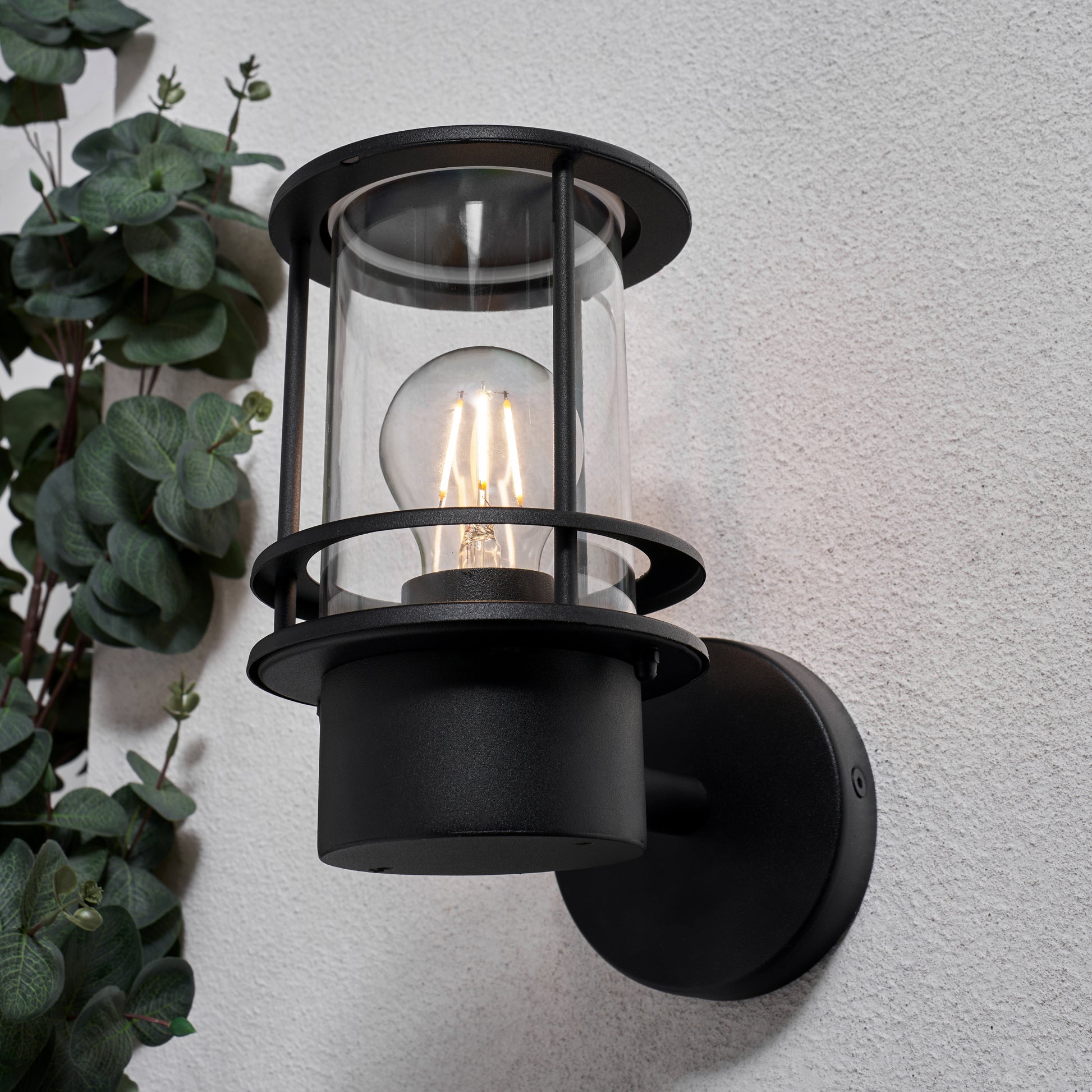 Black outdoor wall light fixture with clear glass cover on a light gray wall.