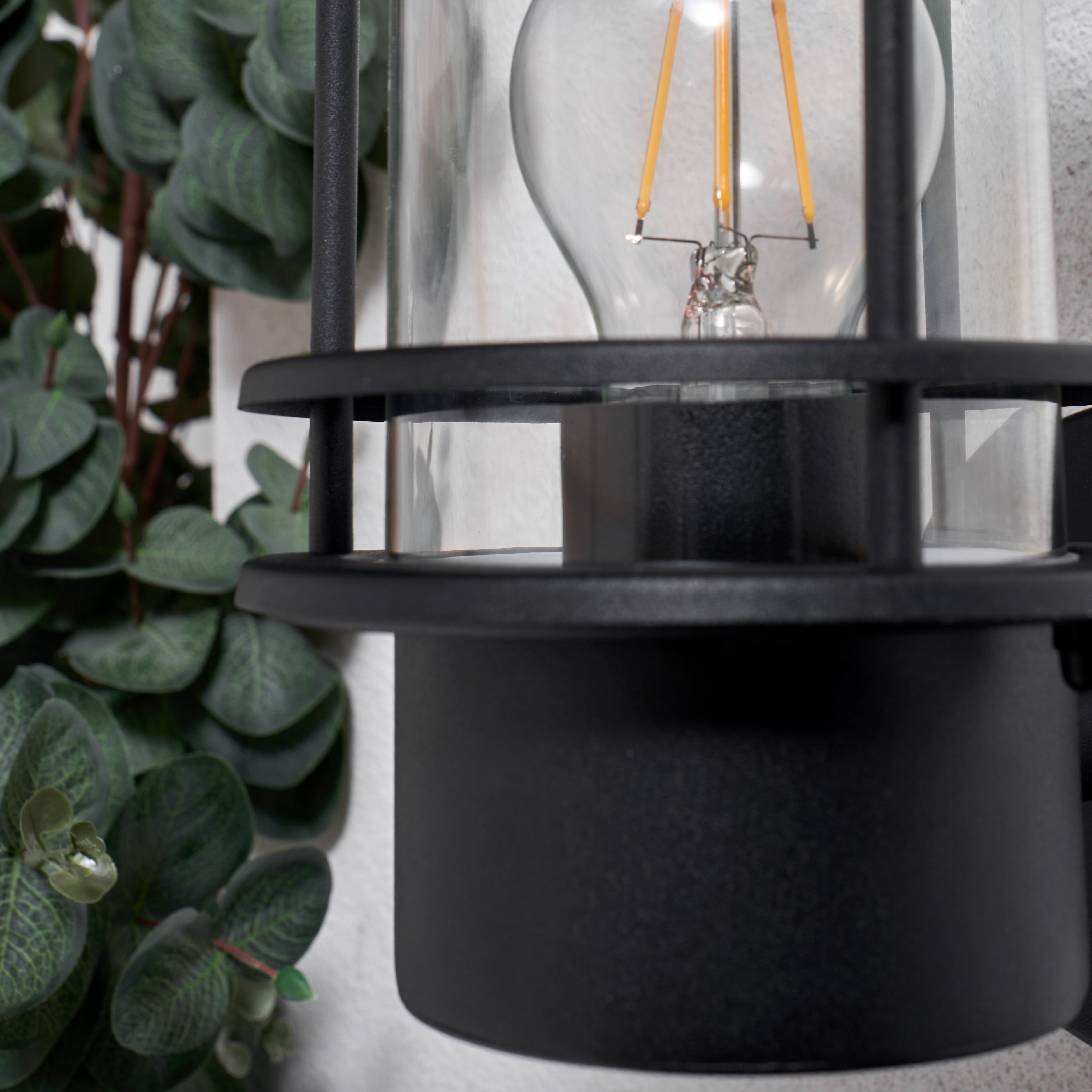 Black outdoor lamp with clear glass shade and visible light bulb, next to green foliage.