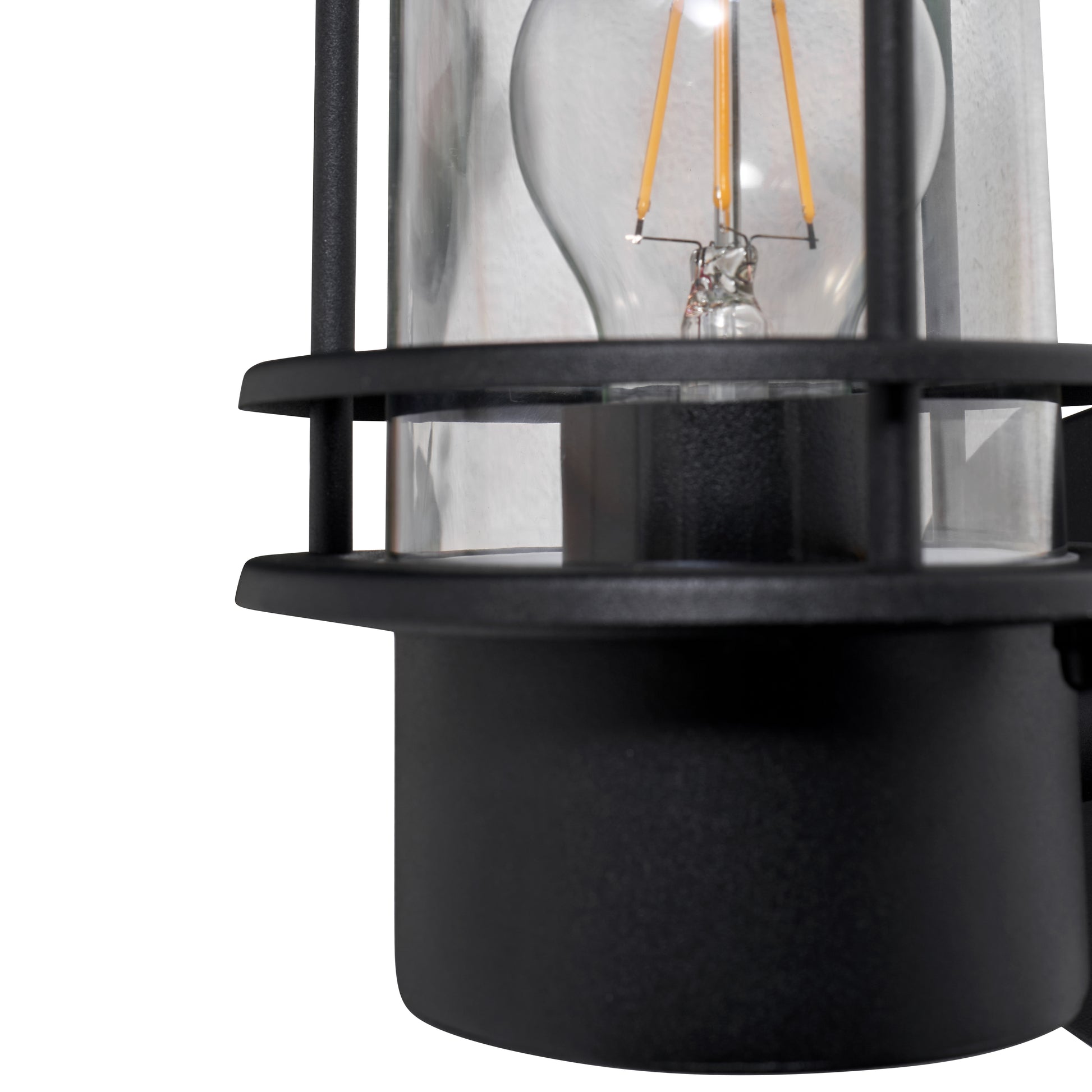 Black outdoor wall light fixture with clear glass shade on a white background