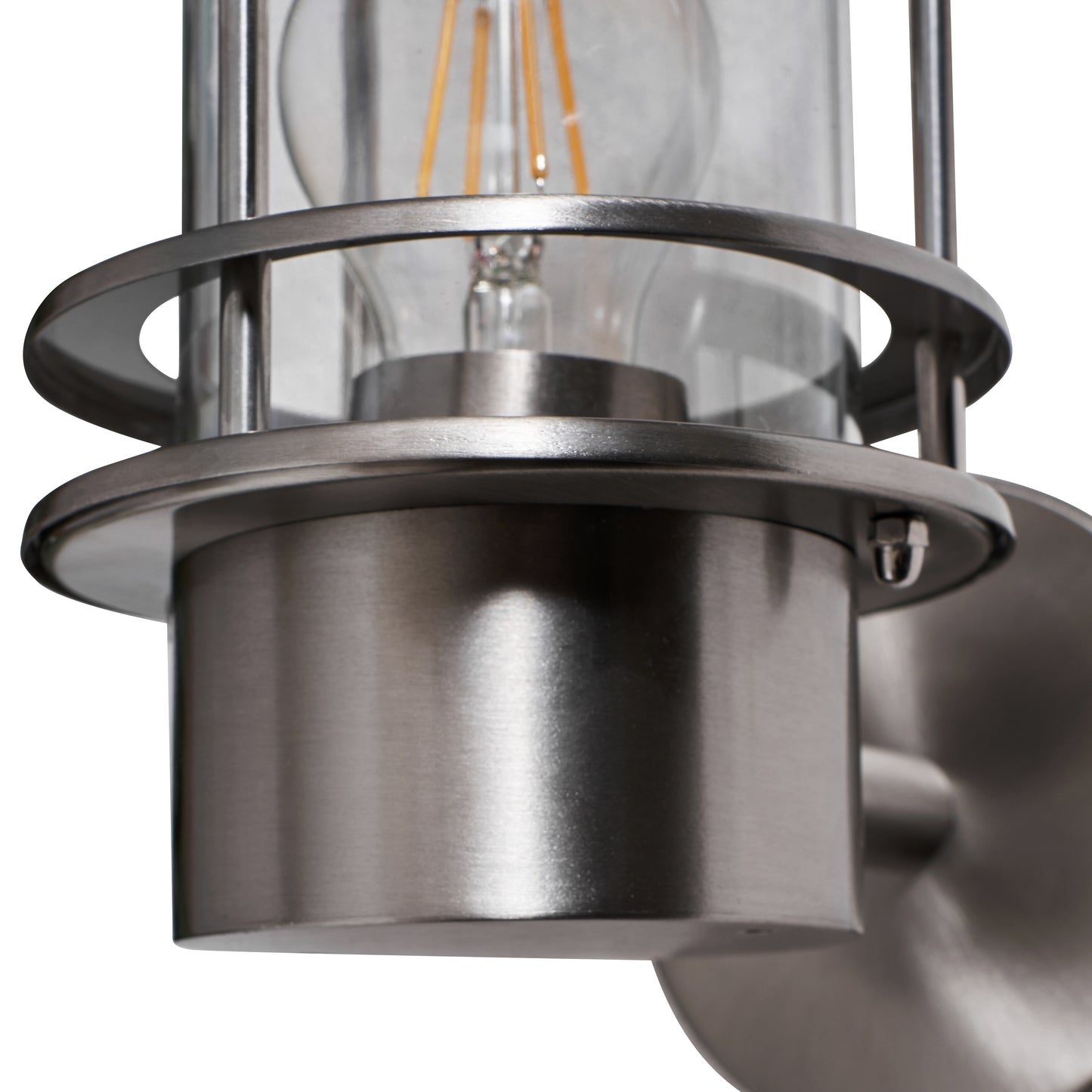 Metallic outdoor light fixture with clear glass cover on a white background