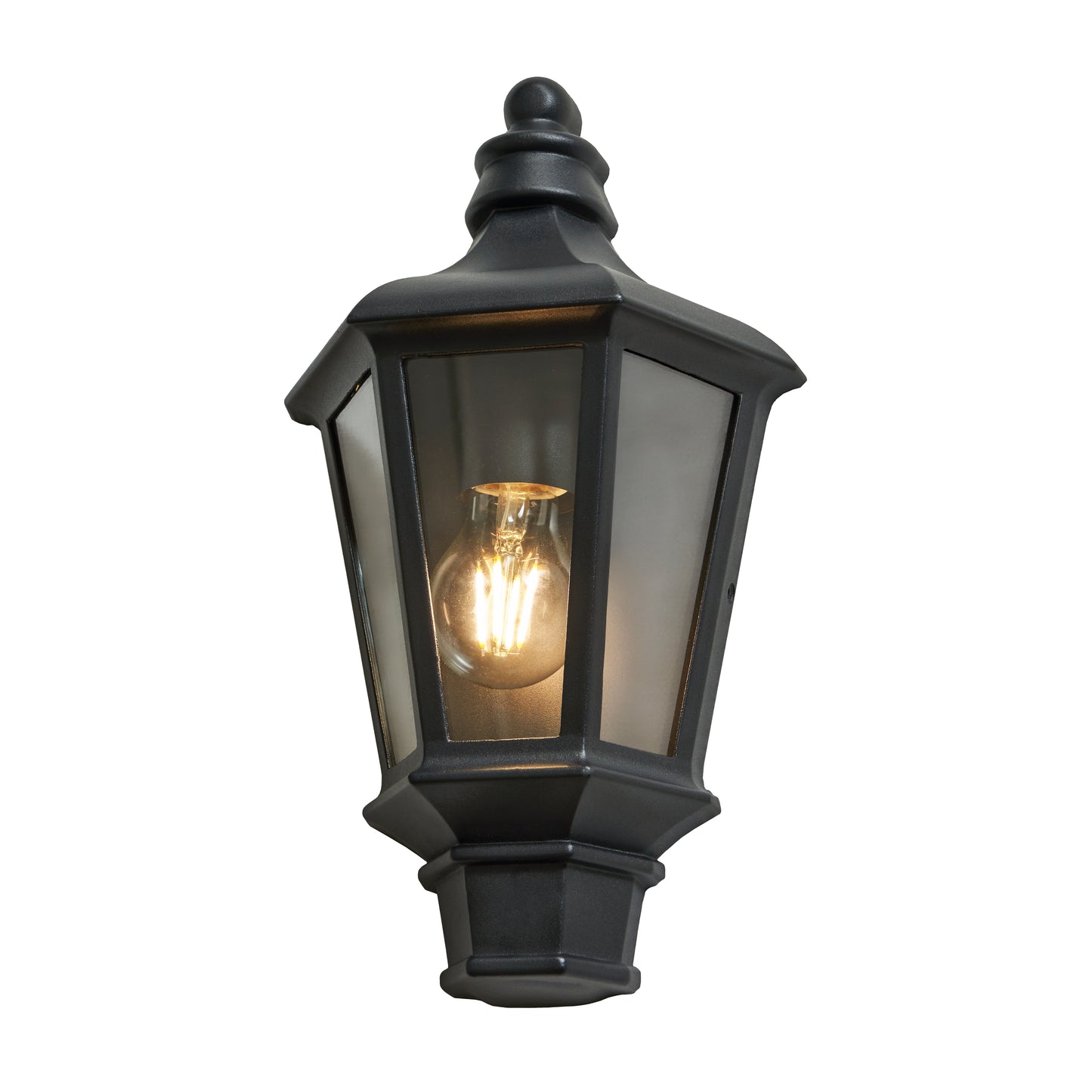 Black outdoor wall light fixture on a white background