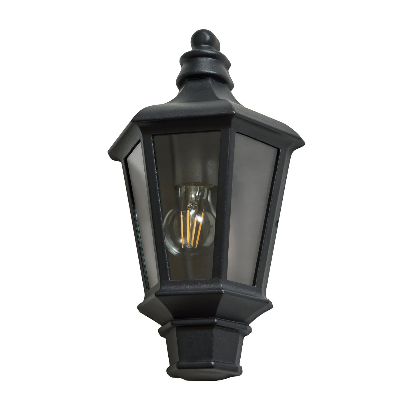 Black outdoor wall light fixture on a white background