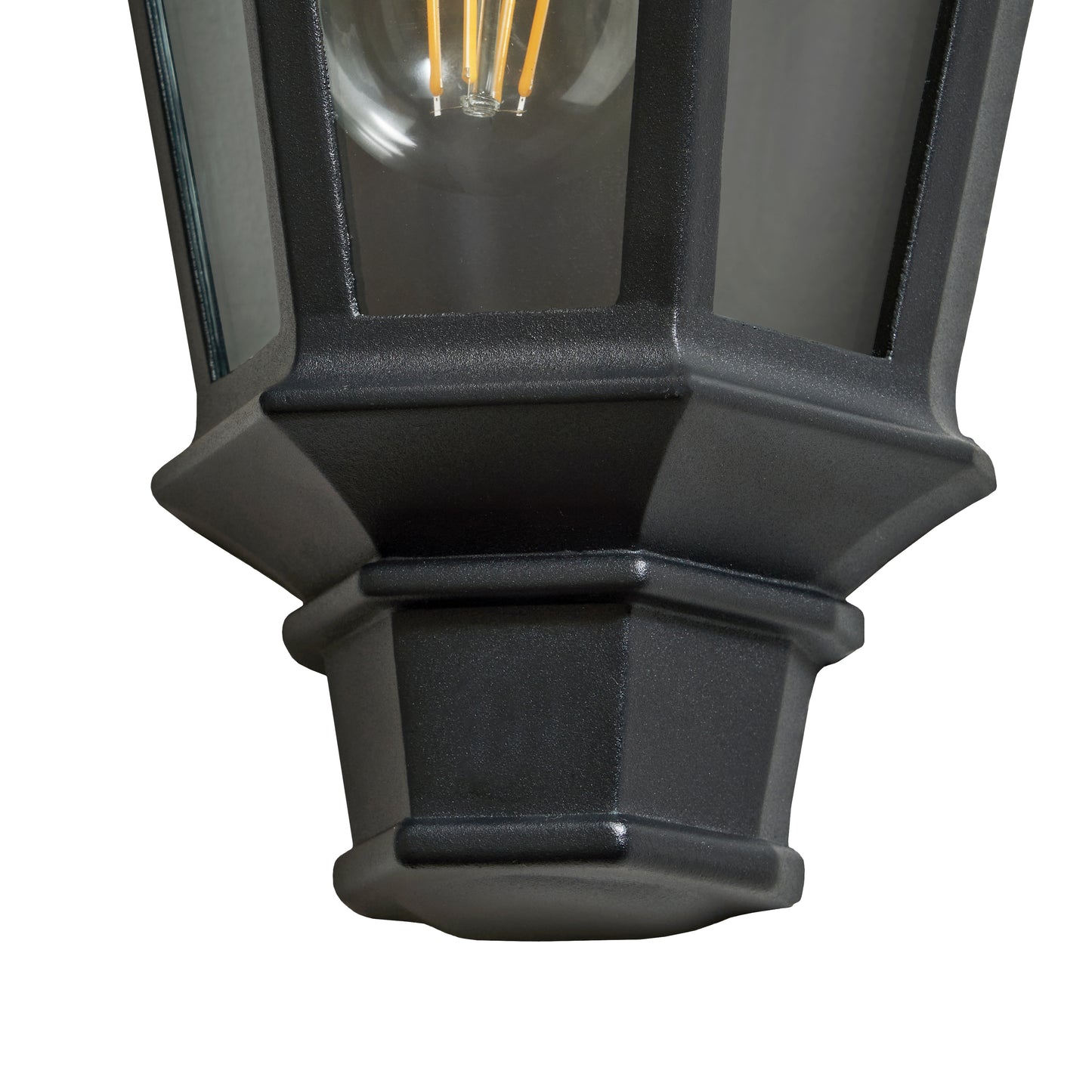 Black outdoor wall light fixture with a visible bulb on a white background