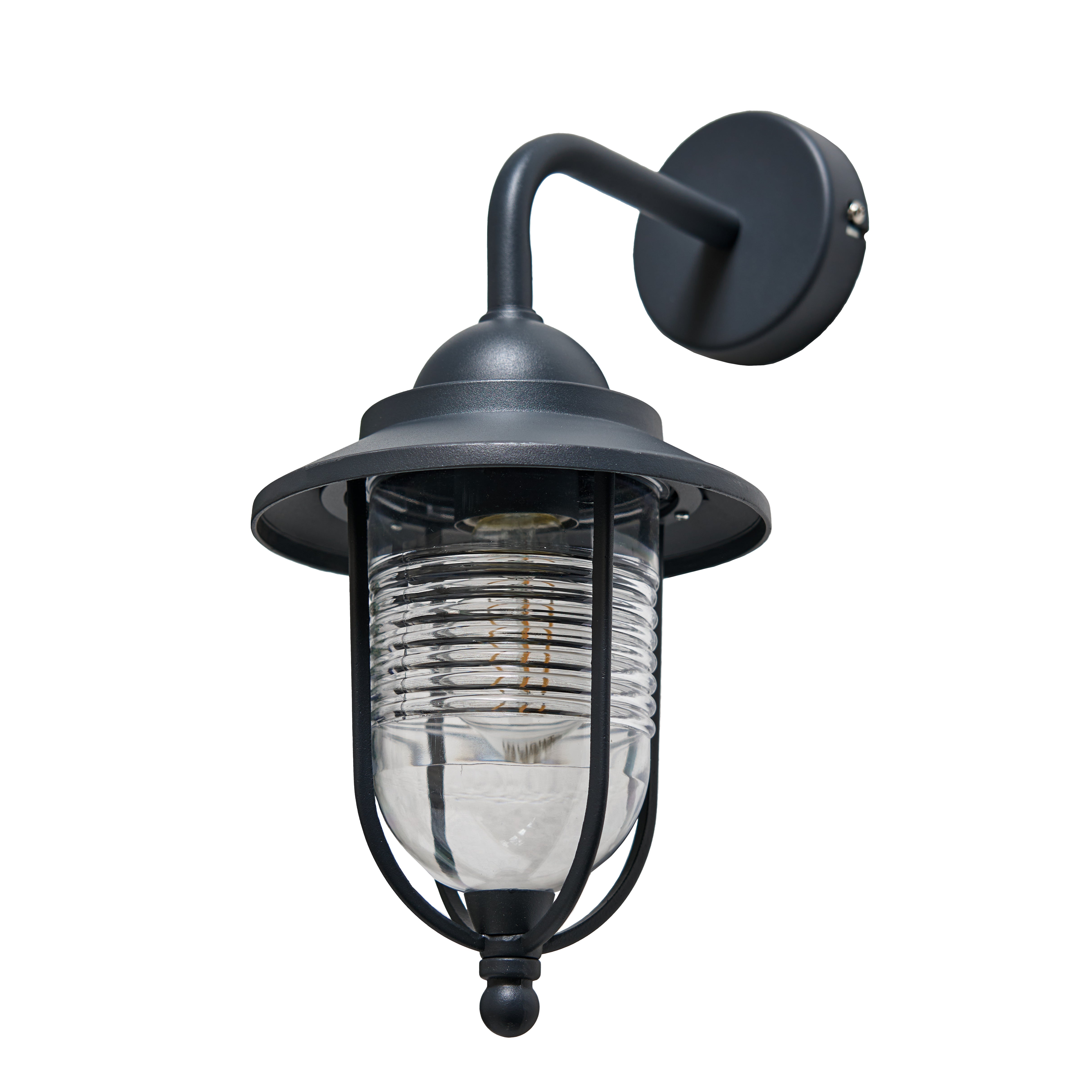 Black outdoor wall light fixture with clear glass shade on a white background