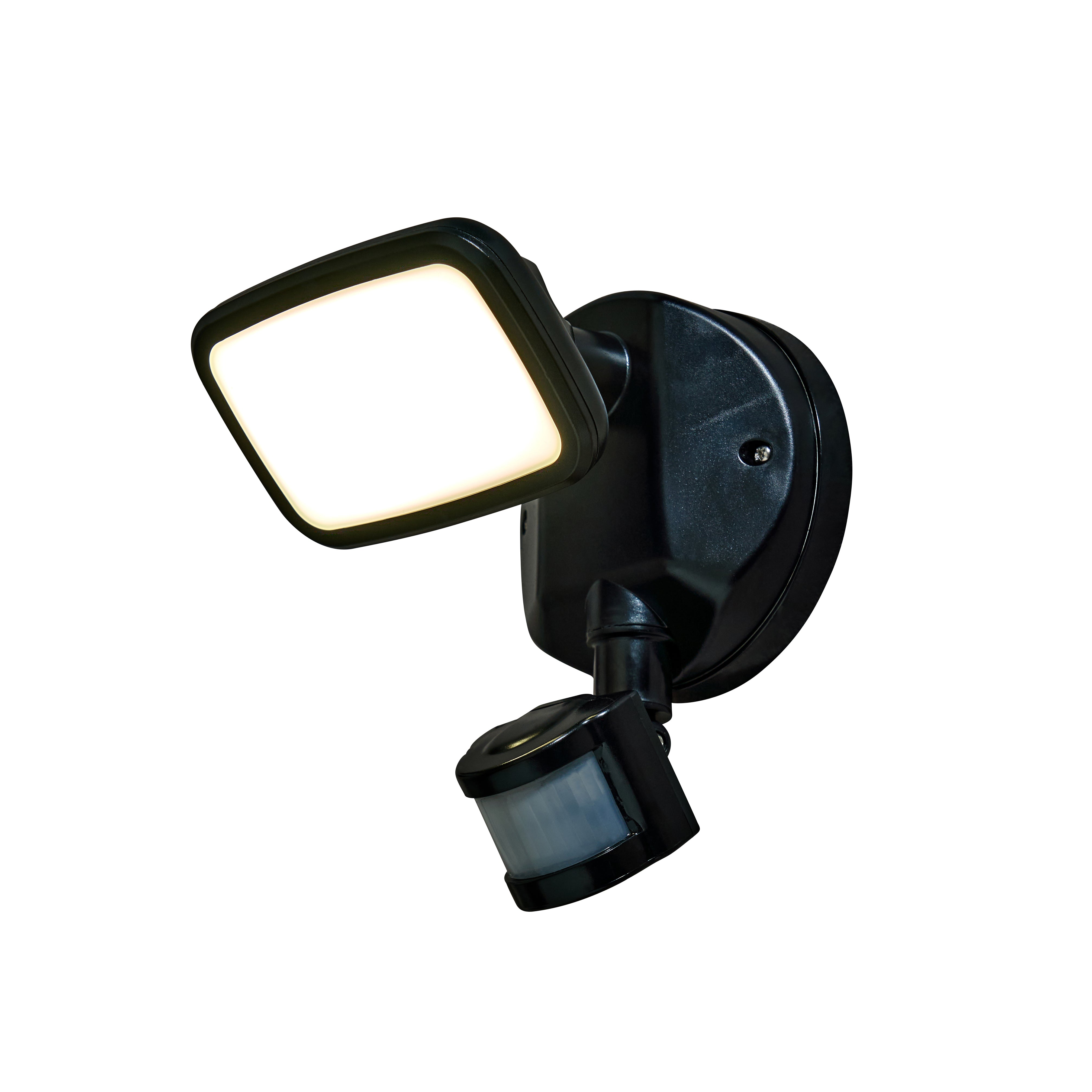 Black outdoor security light with motion sensor on a white background