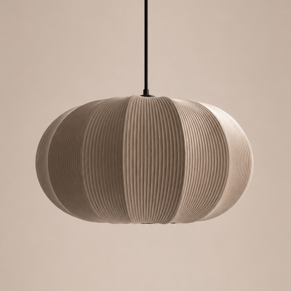 Pendant light with a ribbed design on a beige background
