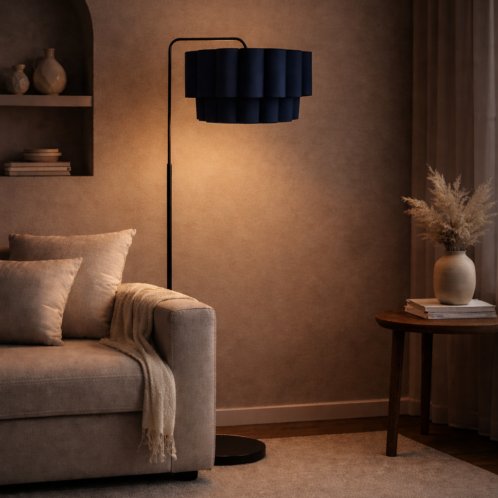 CGC Kyra Matt Black Angled Floor Lamp with Two Layer Large Scalloped Lampshade