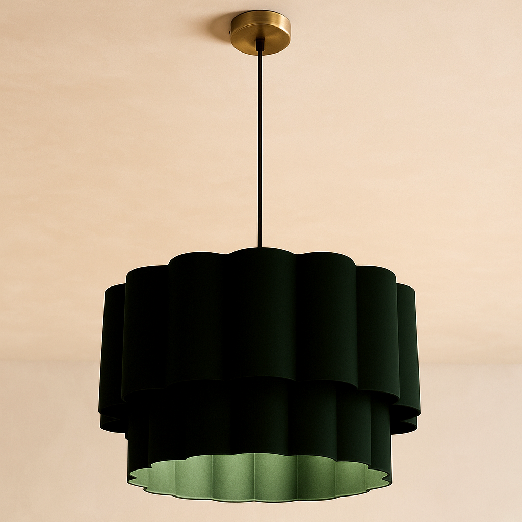 Green pendant light fixture on a beige background