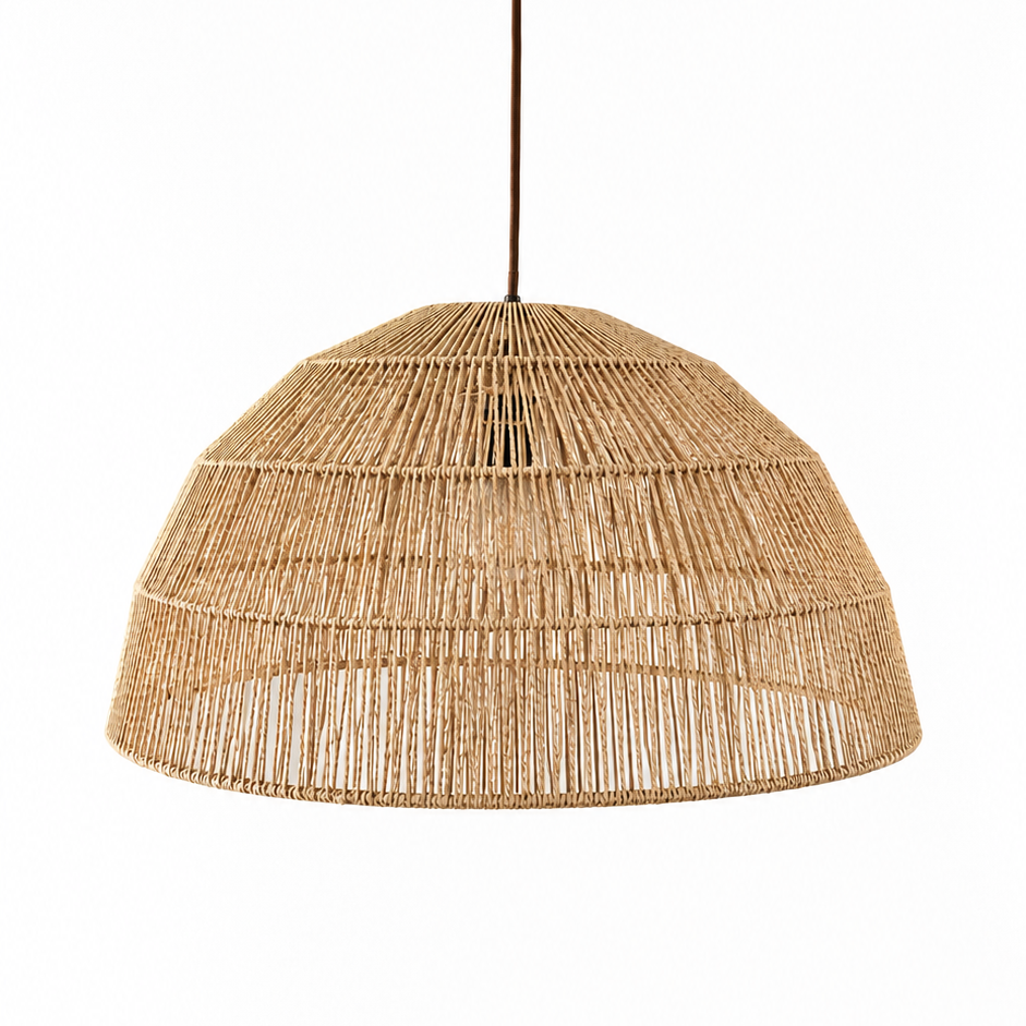 Woven pendant light on a white background