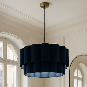 Modern black chandelier hanging in a stylish room with white walls and large windows.