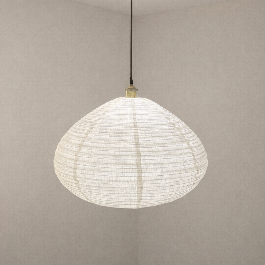 Pendant light fixture hanging against a plain wall