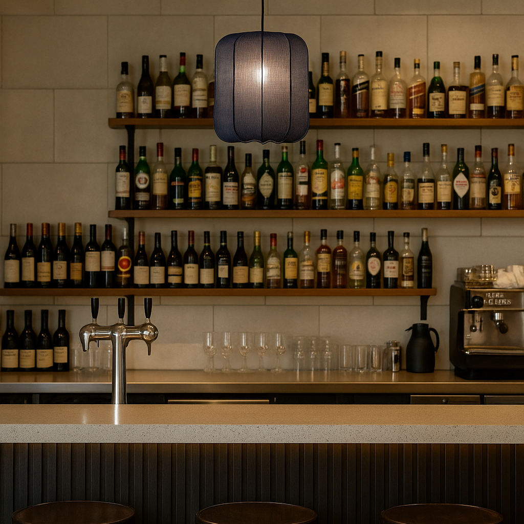 Bar setup with wine bottles, glasses, and a coffee machine against a tiled wall.