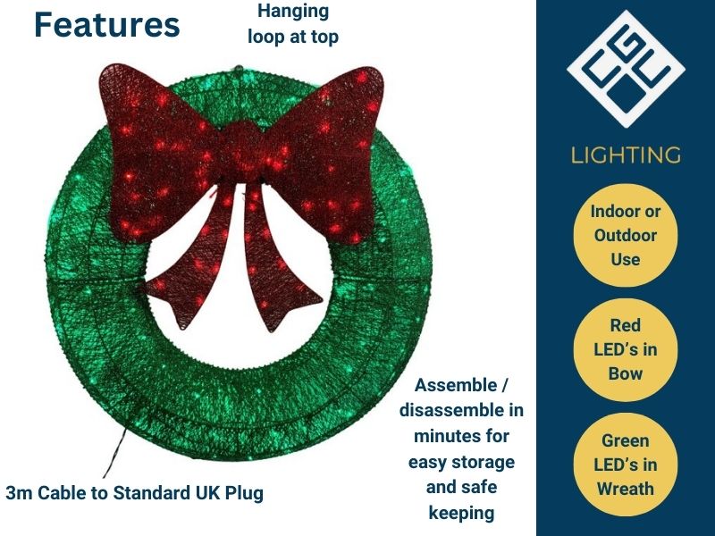 CGC Extra Large 90cm Luxury LED Glitter Green With Red Bow LED Christmas Wreath