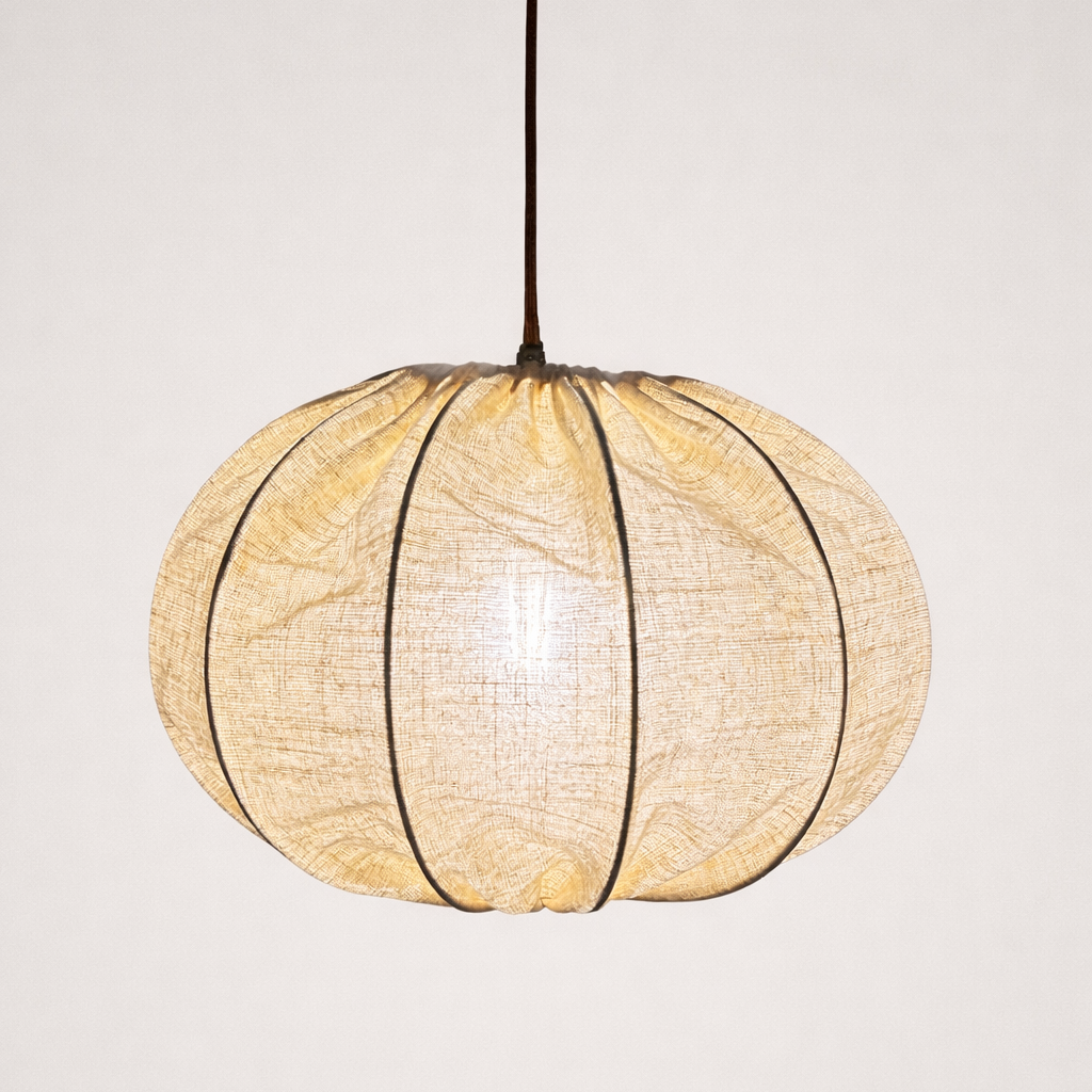 Spherical pendant light with a woven design on a plain background