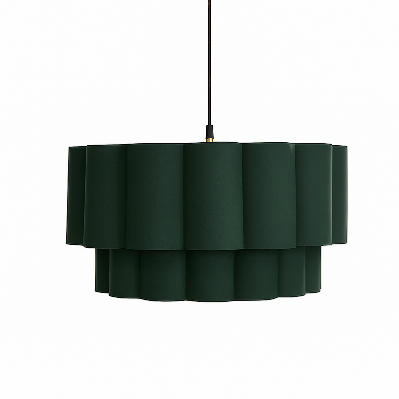 Green pendant lamp with a gold fixture on a white background