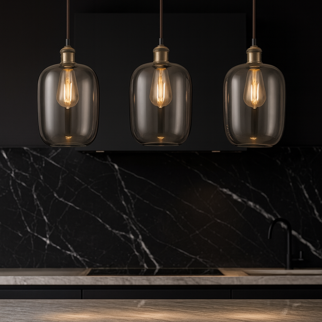 Three pendant lights with smoked glass shades on a black marble backsplash.