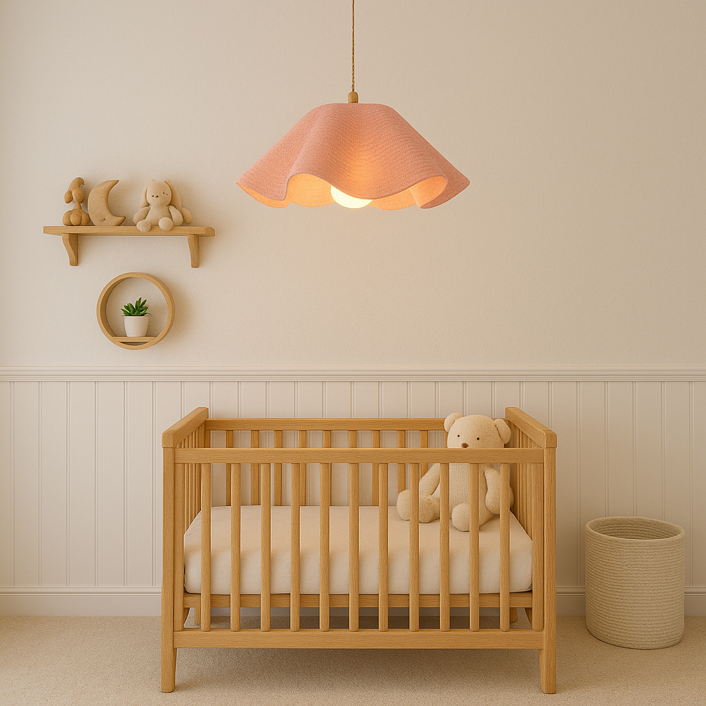 Nursery room with wooden crib, teddy bear, and decorative items.