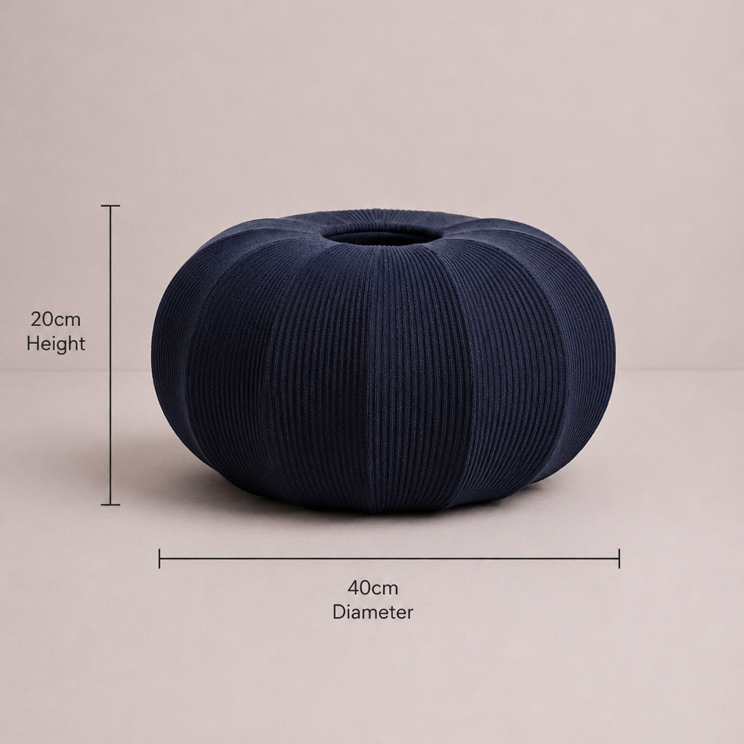 Navy blue textured vase on a beige background with measurements indicated.