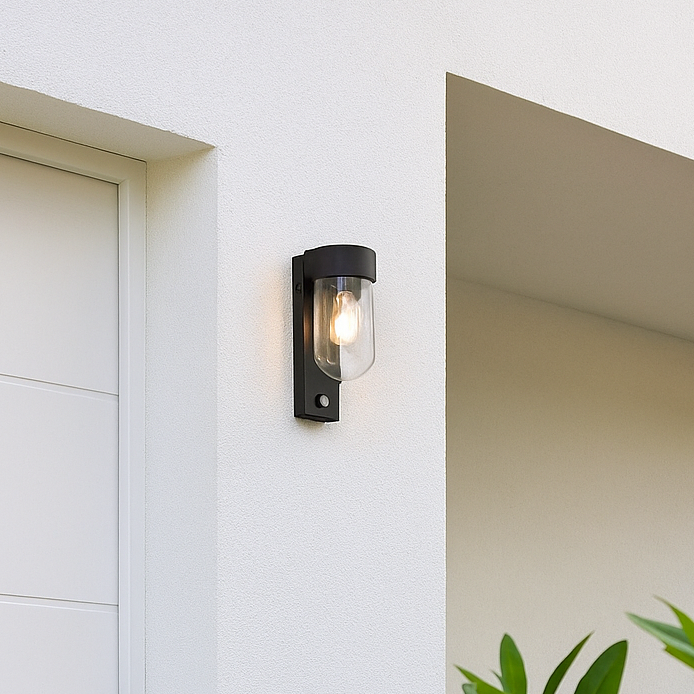 Modern white door with a wall-mounted outdoor light fixture and green plant.
