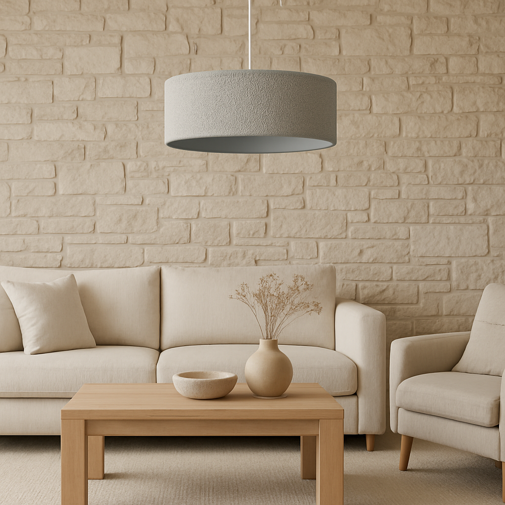 Modern living room with beige sofa, armchair, wooden coffee table, and pendant light.