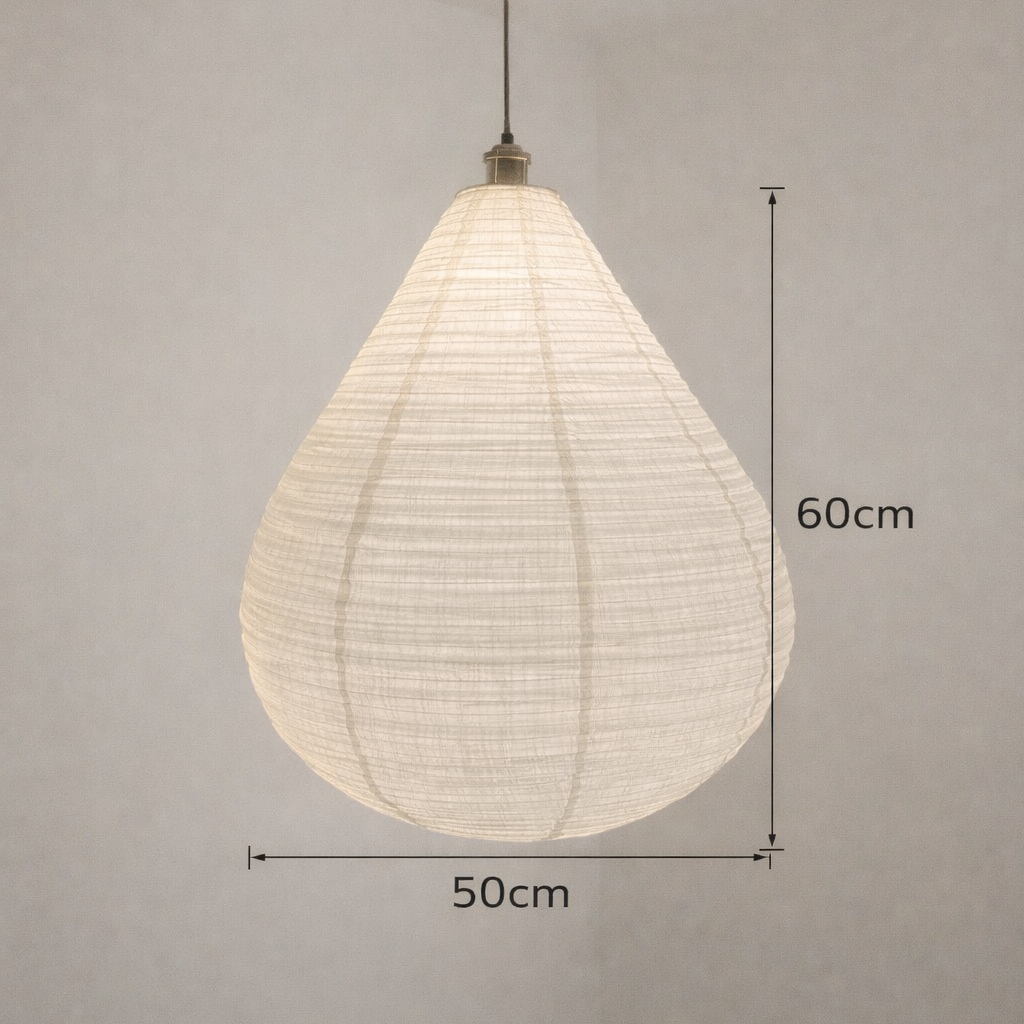 Teardrop-shaped pendant light with dimensions on a plain background