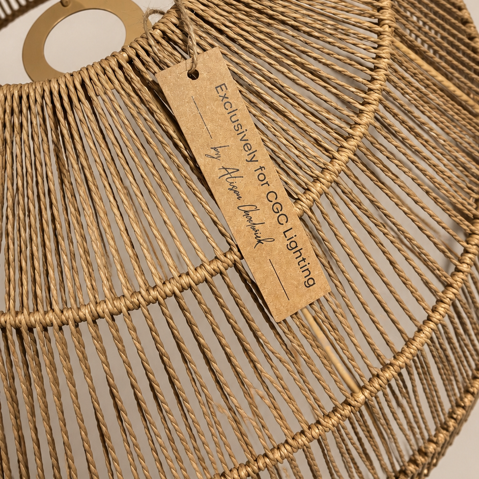 Woven basket with a tag on a beige background