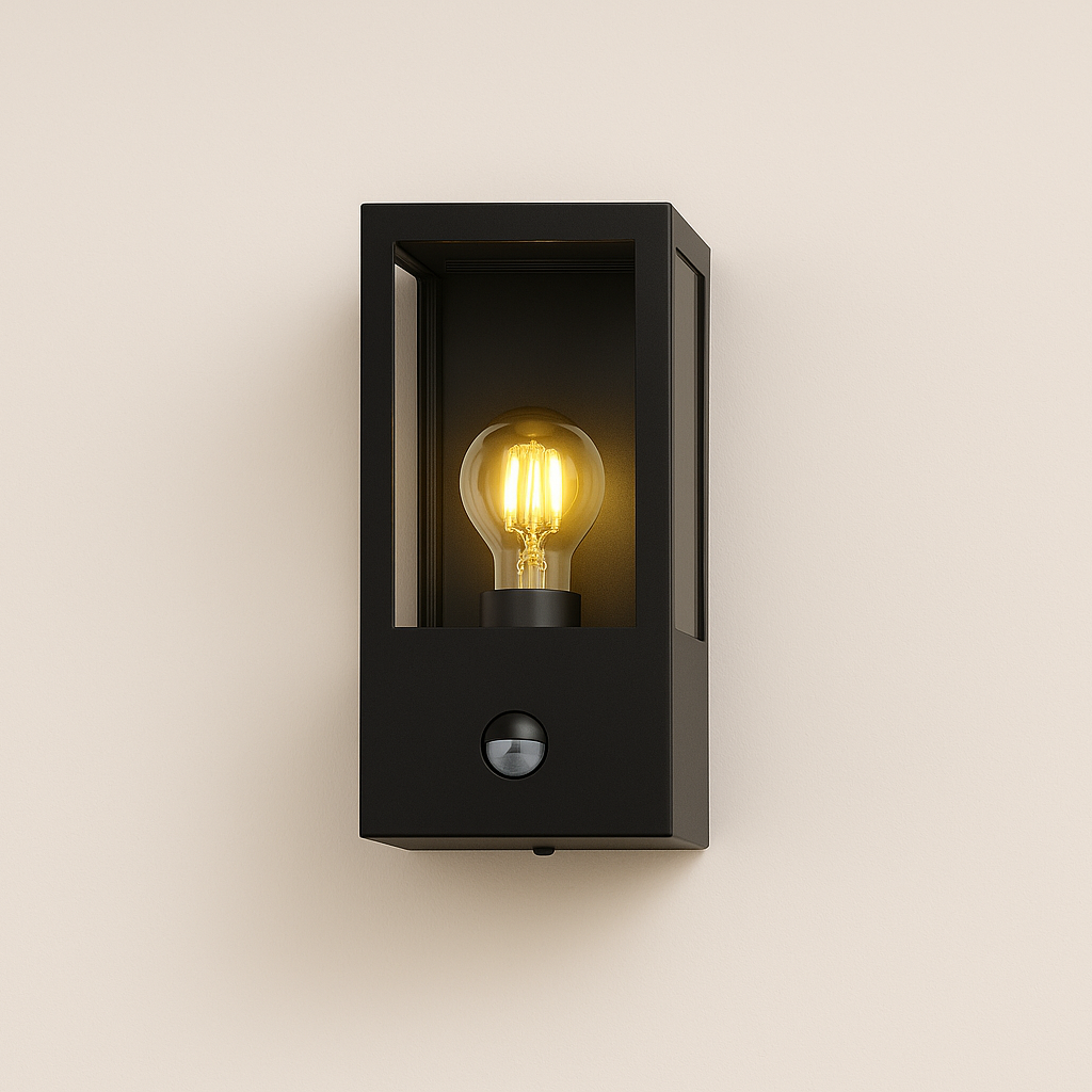 Black wall-mounted light fixture with a glowing light bulb on a beige background