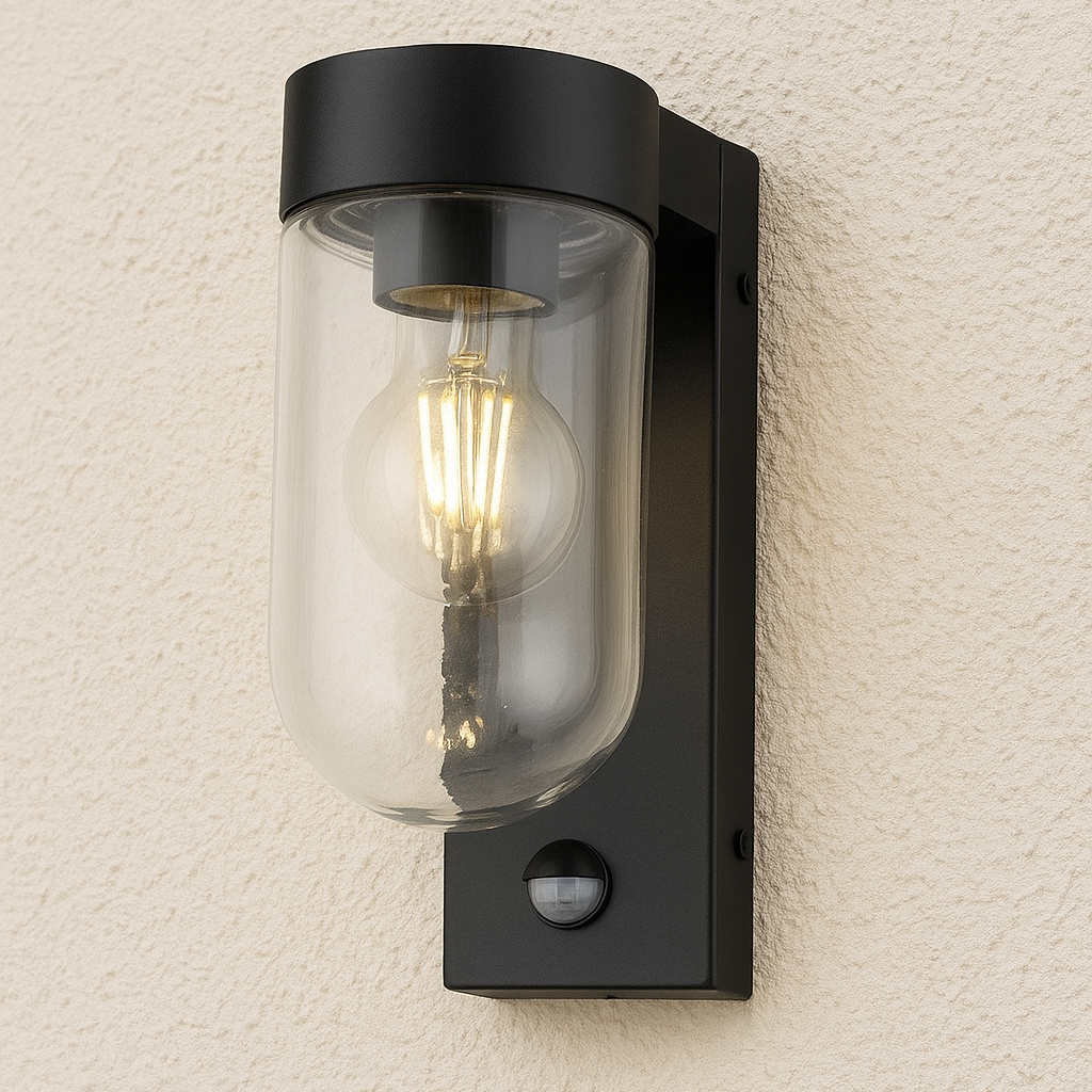 Black outdoor wall light fixture with clear glass cover on a textured wall.