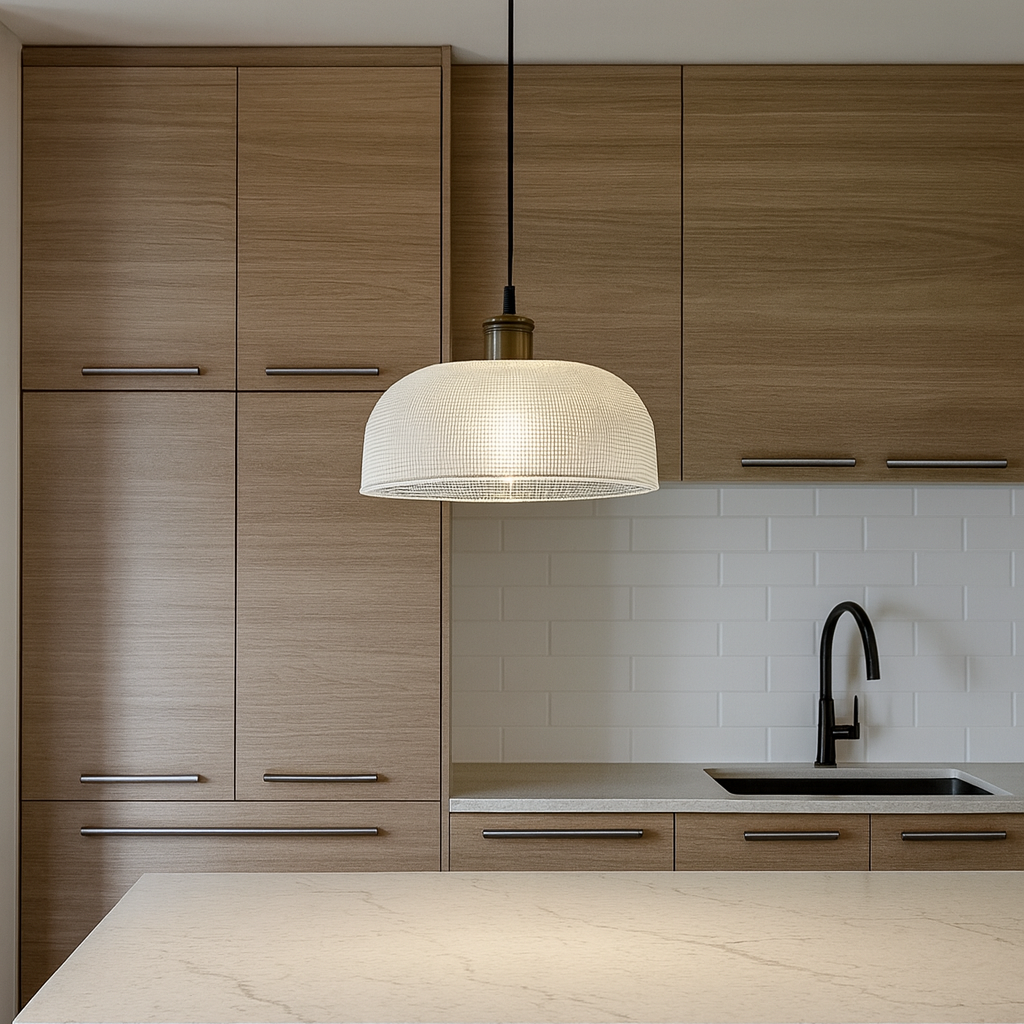 Modern kitchen with wooden cabinets, pendant light, and white tiled backsplash.