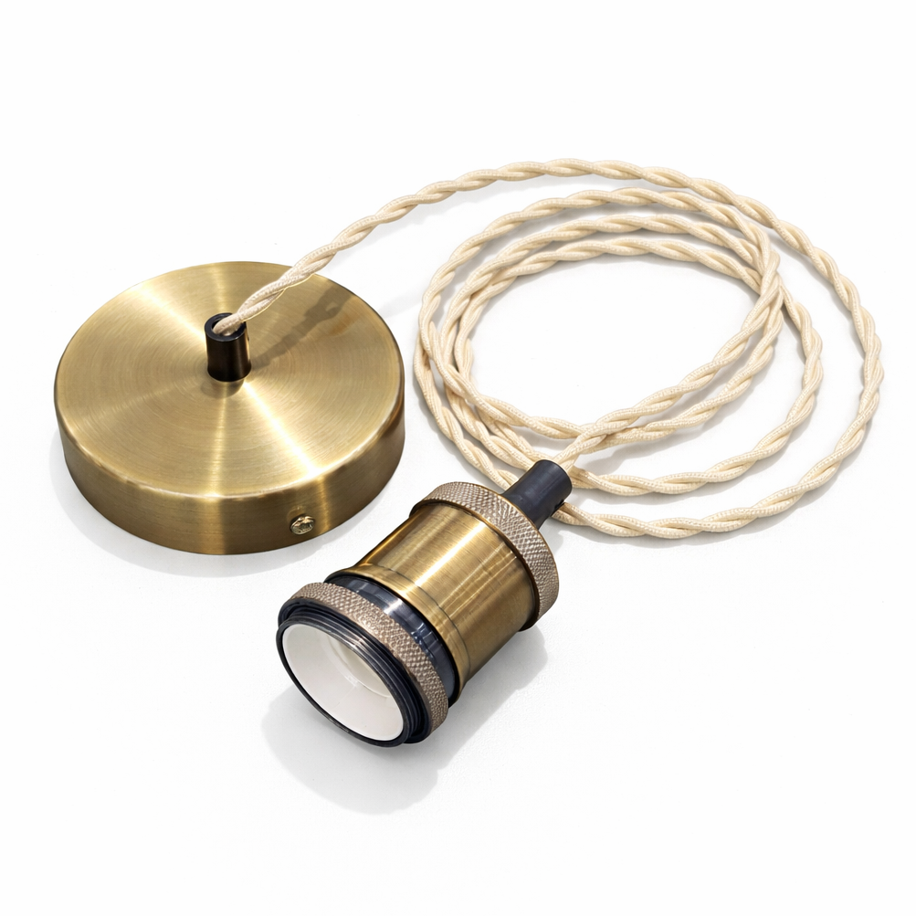 CGC Lacey Antique Brass with Off White Twisted 1.5m Adjustable E27 Ceiling Cable Pendant and Matching Ceiling Rose