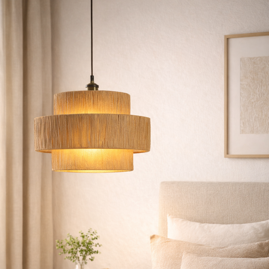 Modern pendant light fixture in a bedroom setting with neutral tones.