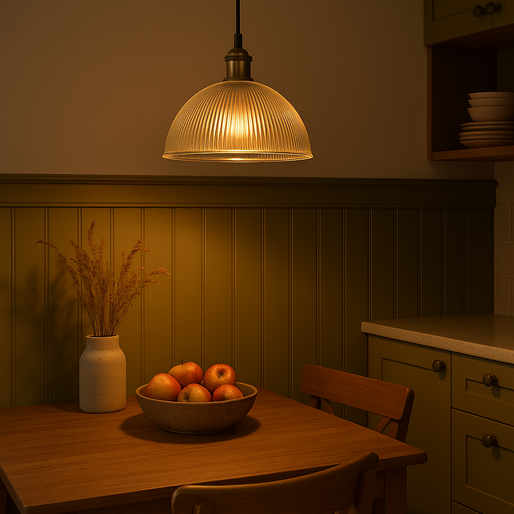 Dining area with a bowl of apples under a pendant light in a dimly lit room.