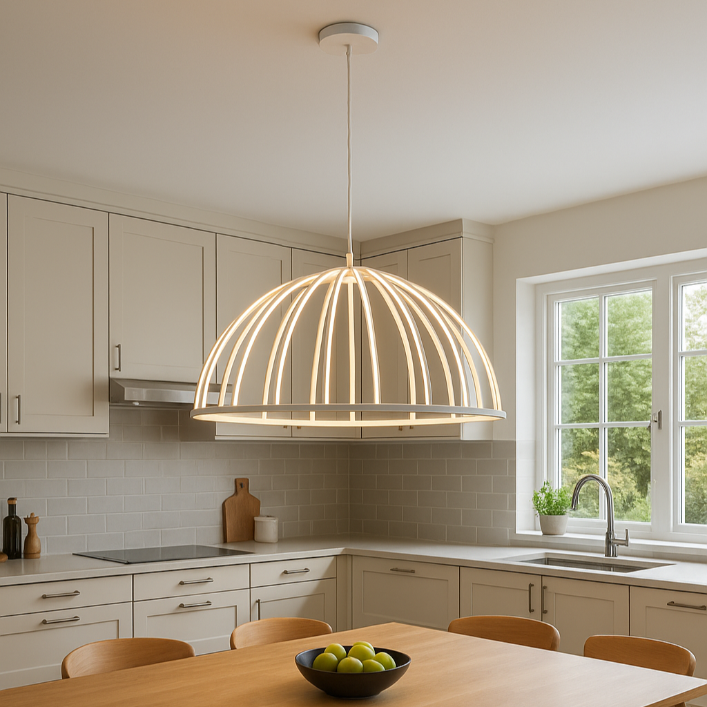 Modern kitchen with wooden dining table and chairs, pendant light, and window view.