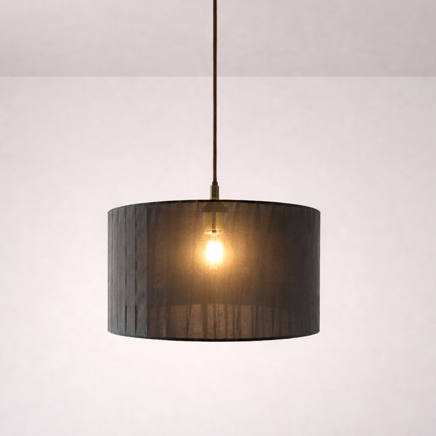 Pendant light with a dark brown shade on a white background