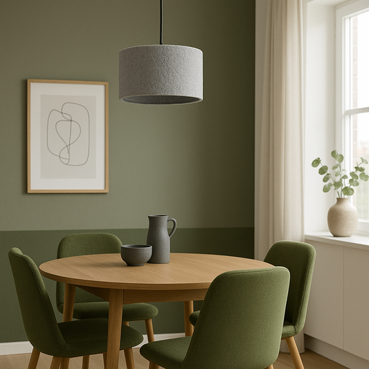 Dining room with a wooden table and green chairs, featuring a gray pendant light and abstract art on the wall.